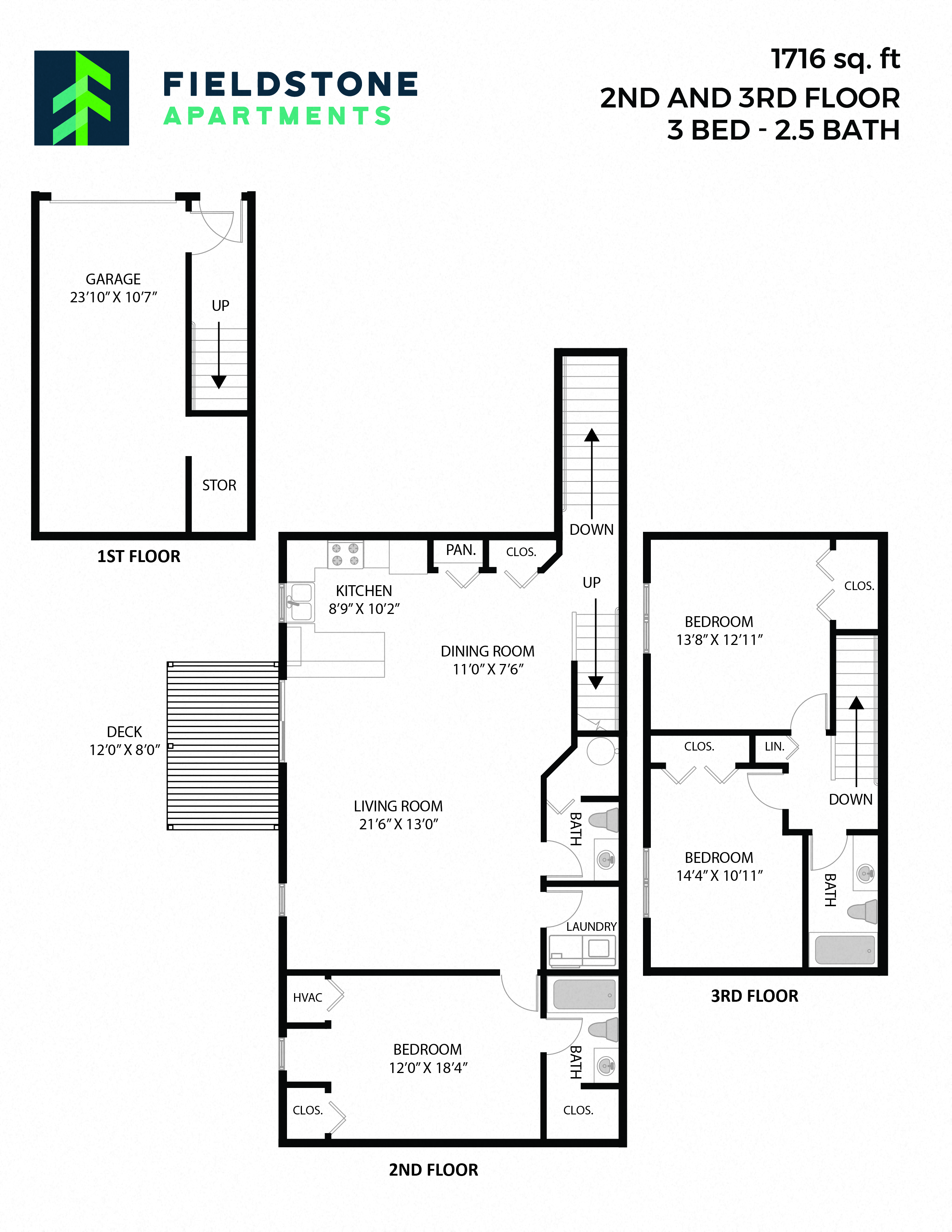 Floor plan for 3 beds, 2.5 baths, 1716 sqft